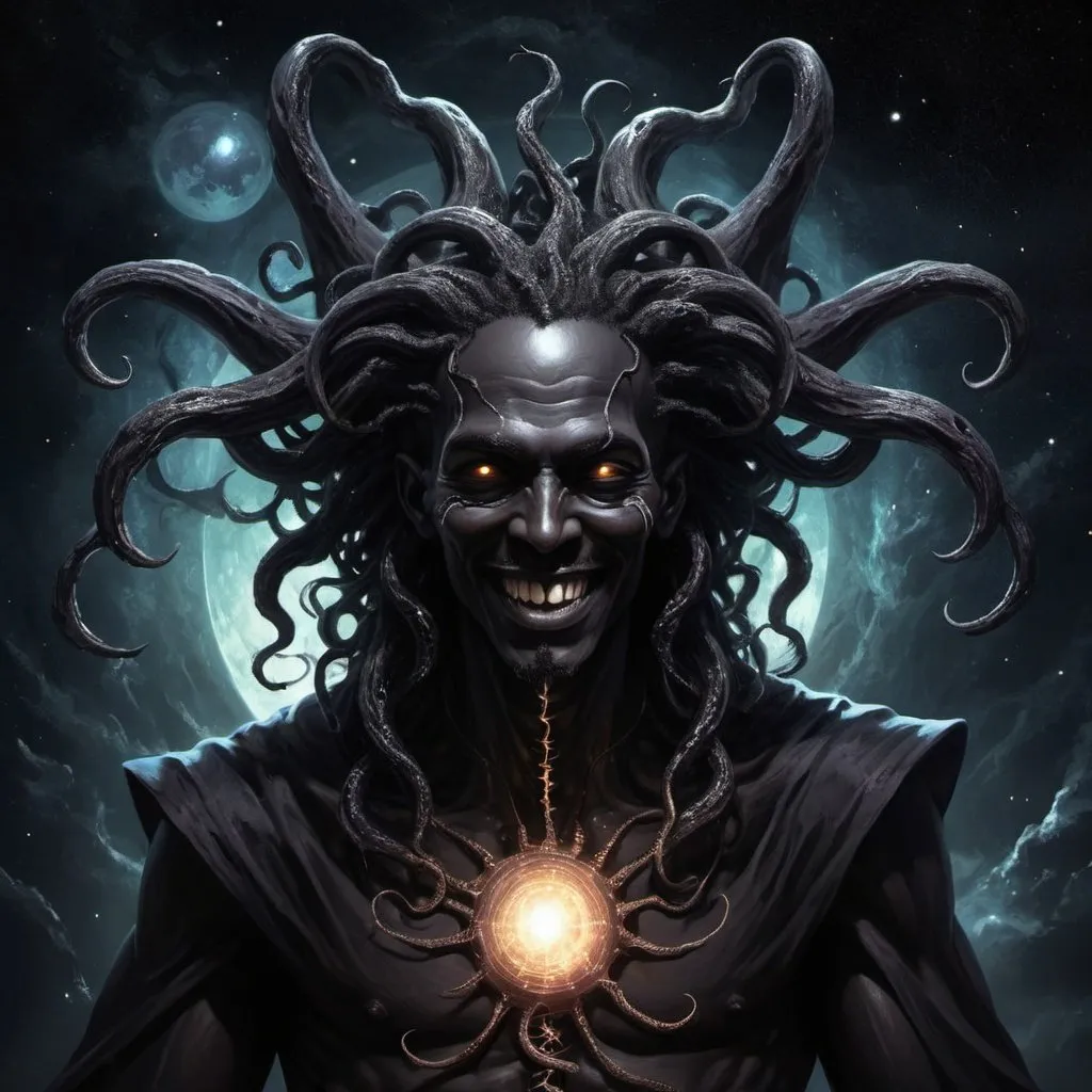 Prompt: black eldritch male god of death, evil, and darkness absorbing light in space, tendrils, smile, black hole, 