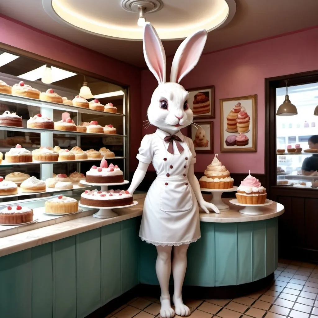 Prompt: Make me a human figure of a rabbit
which is inside a pastry shop full of cakes
Realistic illustration style