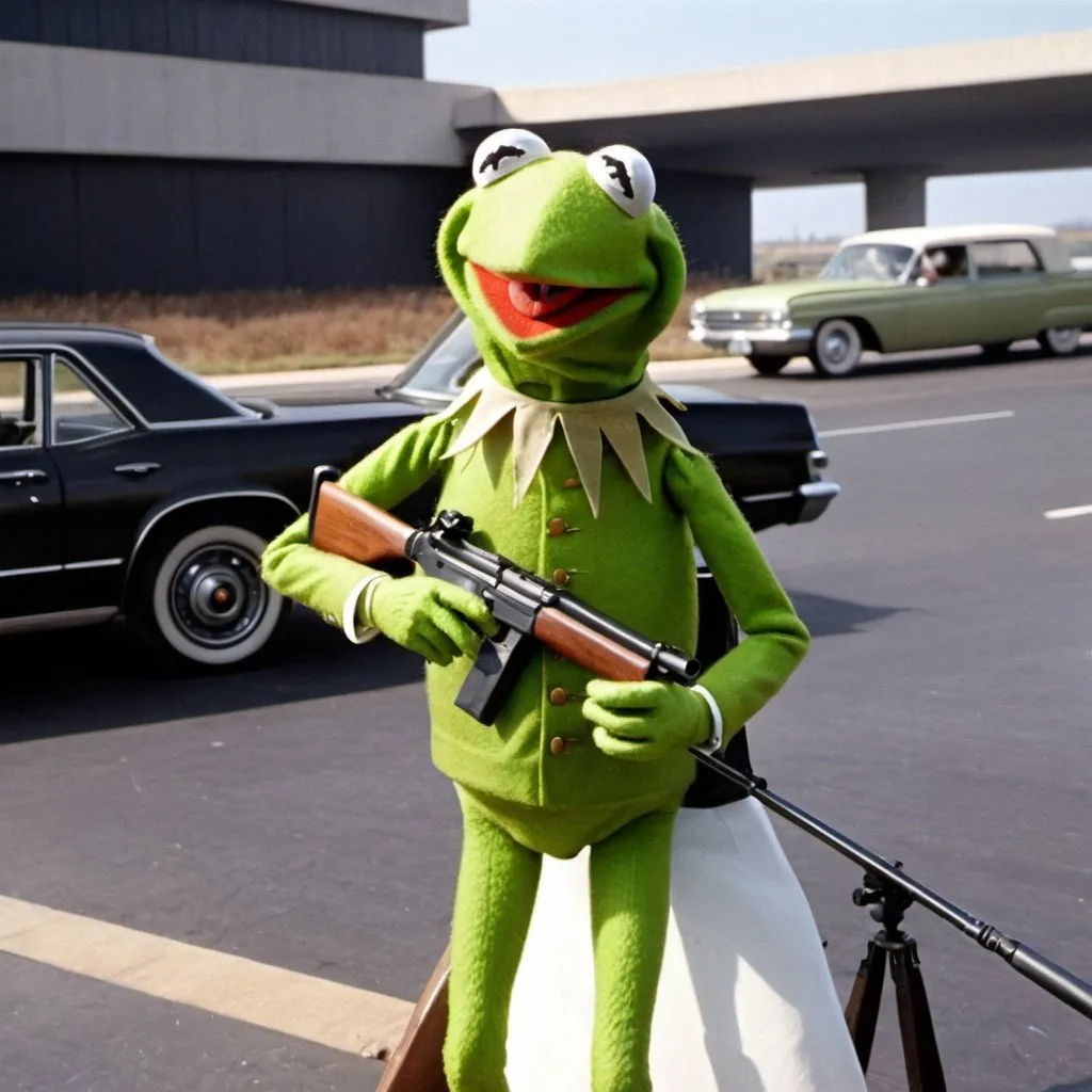 Prompt: Kermit the frog shooting JFK