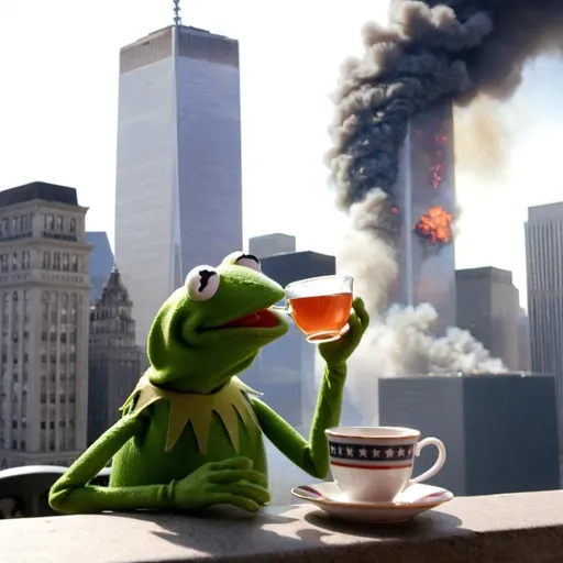 Prompt: Kermit the frog drinking tea in front of 9/11