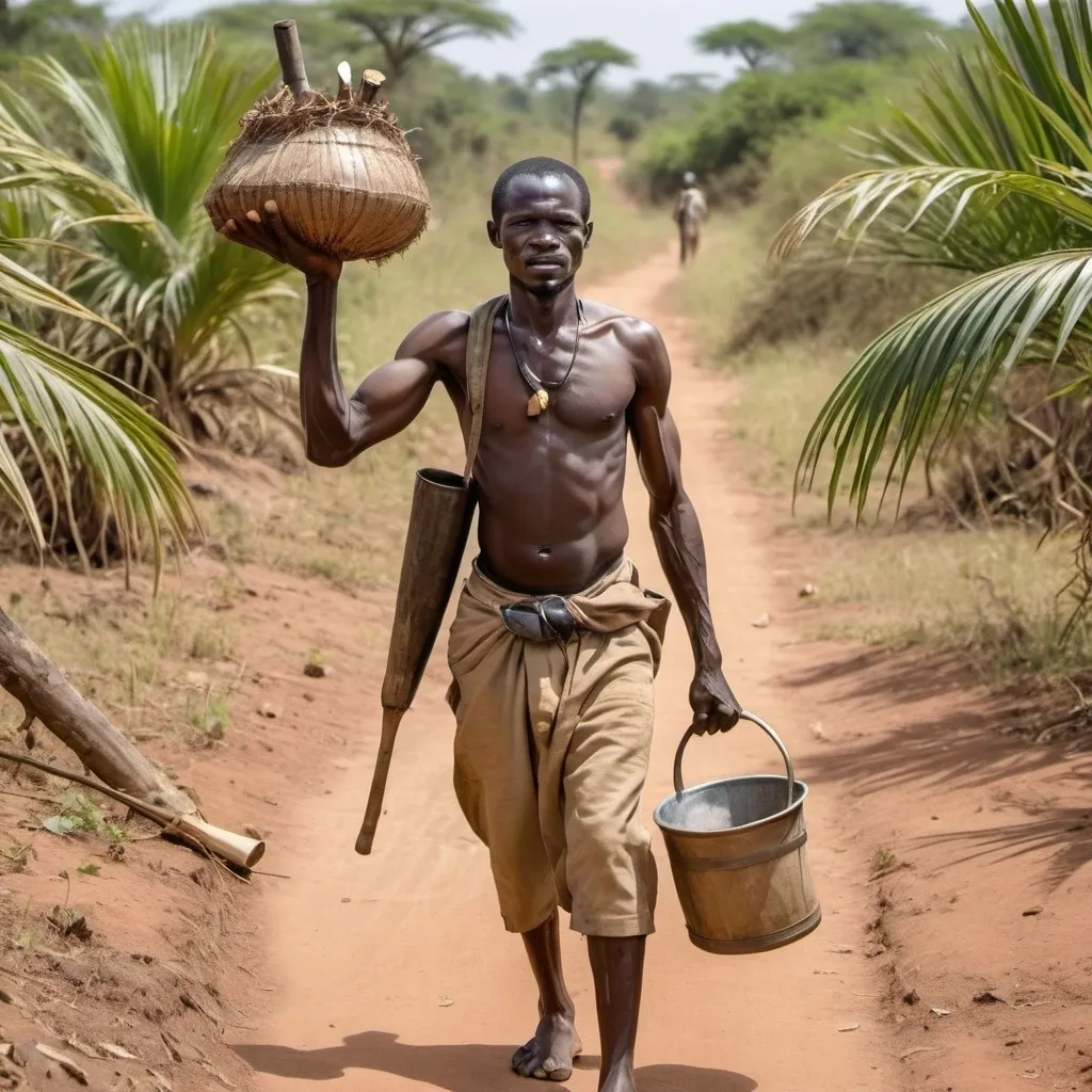 Prompt: Design a poor african handsome palmwine tapper coming from the bush with his tools and palmwine at hand