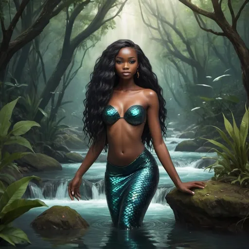 Prompt:  a river flowing through the African forest there lived a beautiful black mermaid that fell in love with a lost hunter