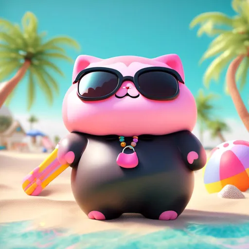 Prompt: <mymodel>3D render of kawaii big chubby kitty, black sunglasses, beach background, high quality, 3D rendering, kawaii, chubby, sunglasses, beach, sunny, detailed fur, cute, playful, bright colors, tropical, professional lighting