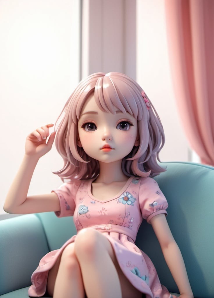 Prompt: kawaii 3D rendered, tiny cute chibi, full body, 1girl, sitting on couch, wearing dress, beautiful whimsical contrast colors