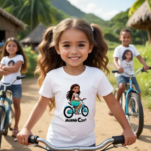 Prompt: high resolution, 4k, detailed, high quality, professional, wide view. girl 6 years. white tshirt. ponny tail 2, smiling, bike logo in the white tshirt  there "Moana". bring Bottle drinkm Sitdown at Zebra Croos, many people cross over