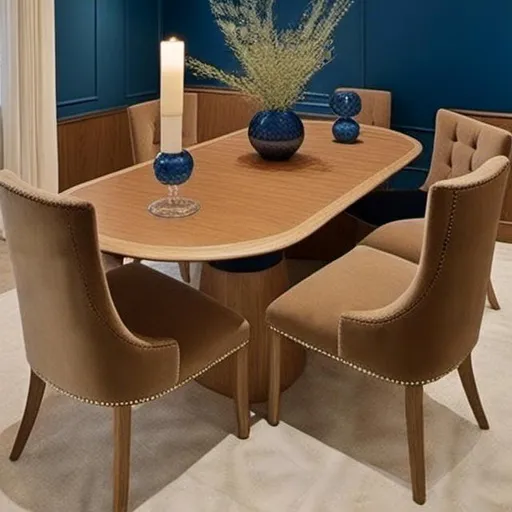 Prompt: Elegant dining room in the style of <mymodel>, shades of royal blue and navy, luxurious crystal chandelier, polished mahogany dining table, exquisite blue velvet chairs, fine art deco details, high quality, sophisticated, opulent, <mymodel>, royal blue tones, luxurious lighting, art deco detailing