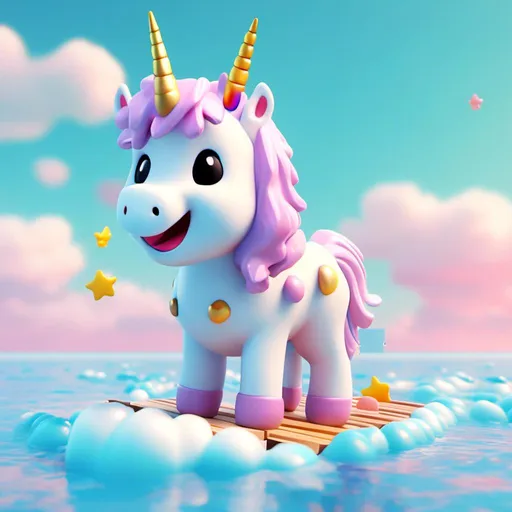 Prompt: <mymodel> a 3d render of kawaii unicorn play piano and big smile on a blue ocean background