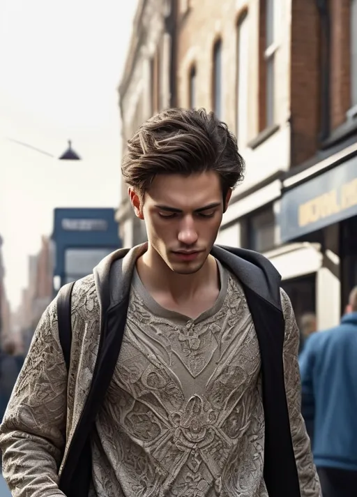 Prompt: Detailed, realistic depiction of a person walking down the high street, intricate clothing, natural lighting, high quality, realistic, detailed clothing, urban, bustling street, natural lighting, detailed fabric texture, realistic shadows, street fashion, city atmosphere, intricate details, professional, atmospheric lighting