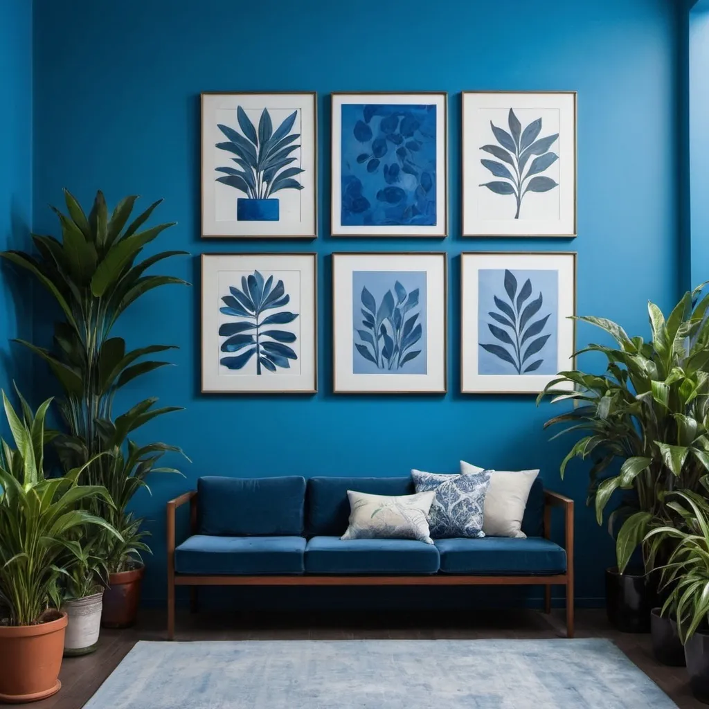 Prompt: Blue wall and modern art and plants around border
