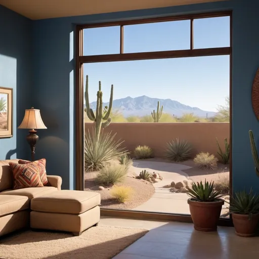 Prompt: warm blue walls with large window and authentic desert landscaping well lite
