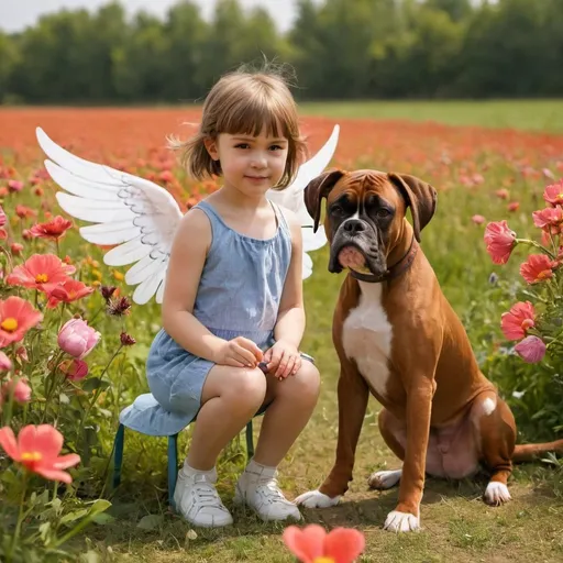 Prompt: Little girl with wings and boxer dog sitting on field fool of flowes