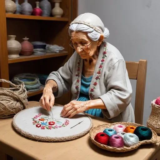Prompt: sculpture  of old lady making embroider