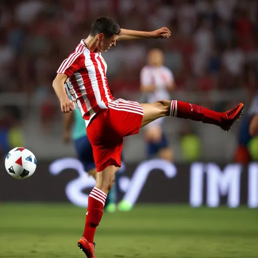 Prompt: Soccer player in a jersey with red white vertical stripes and red shorts kicking the ball