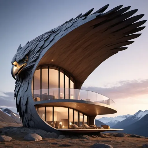 Prompt: Create a hotel designed from an eagle beak 