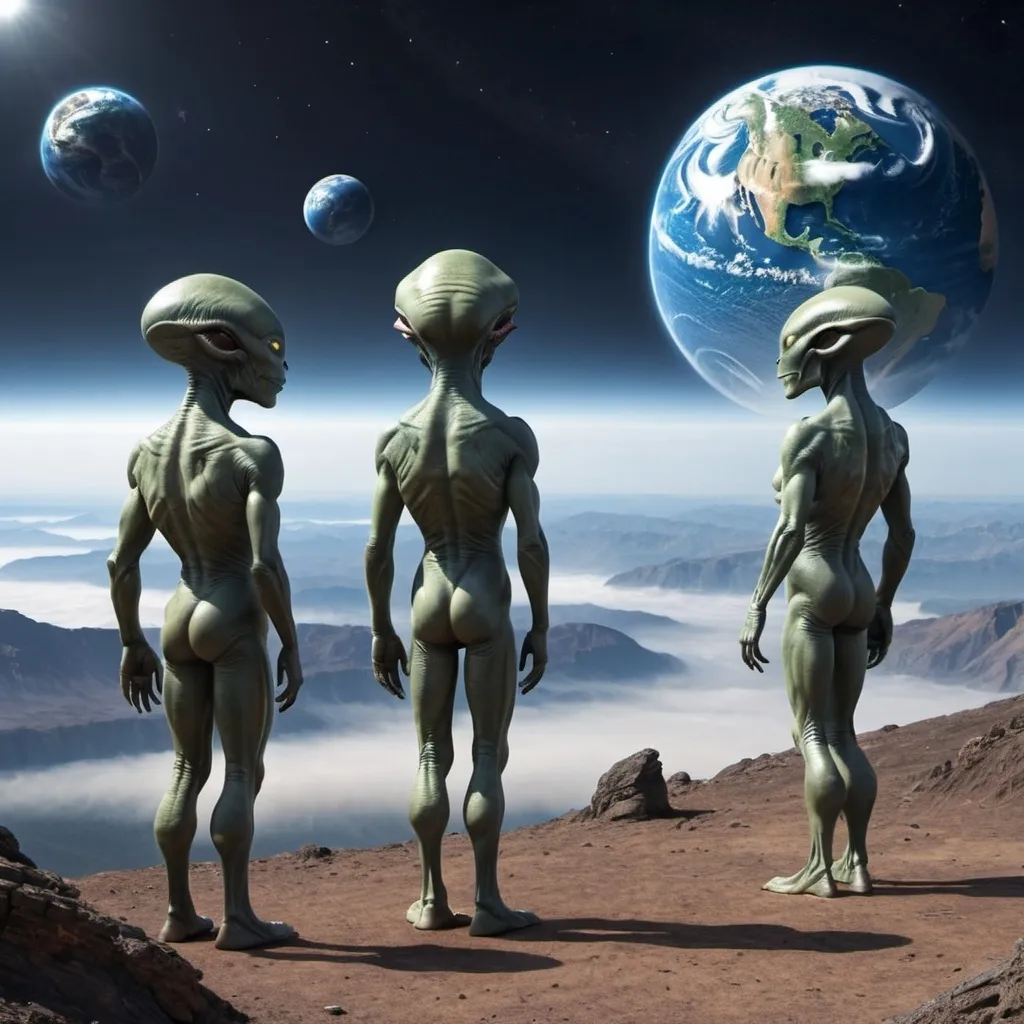 Prompt: Giant aliens looking at the earth 