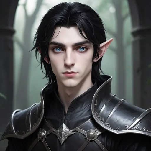 Prompt: A 19 year old male dark elf who has Jet black hair and eyes pale skin and has two katarnas 