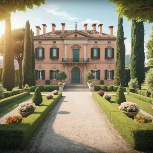 Prompt: Create an image representing an 18th-century Italian villa with a beautiful garden. The image format should be 1440 x 960 px