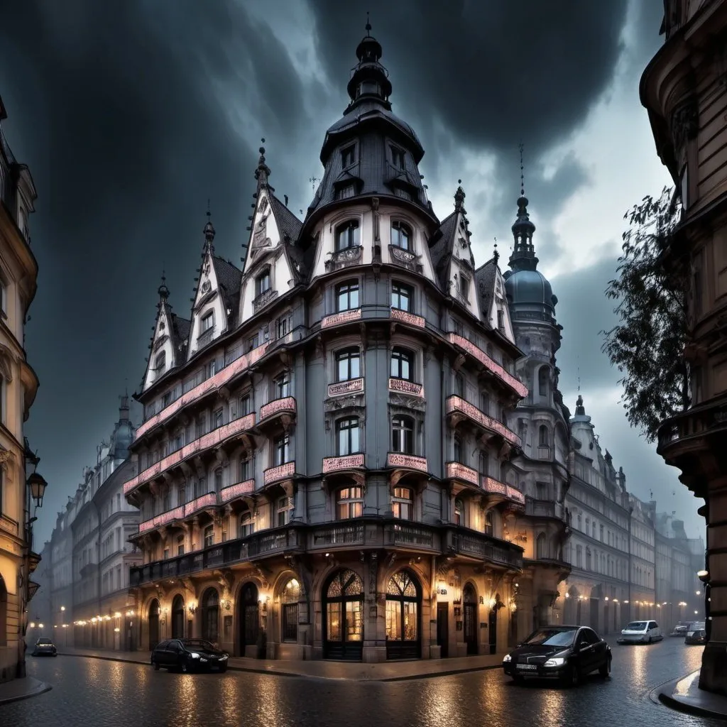 Prompt: Gothic, cyberpunk, architecture, hotel paris, prague