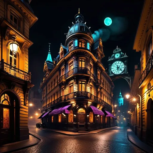 Prompt: Steampunk, Cyberpunk neon street, gothic, hotel paris prague, night