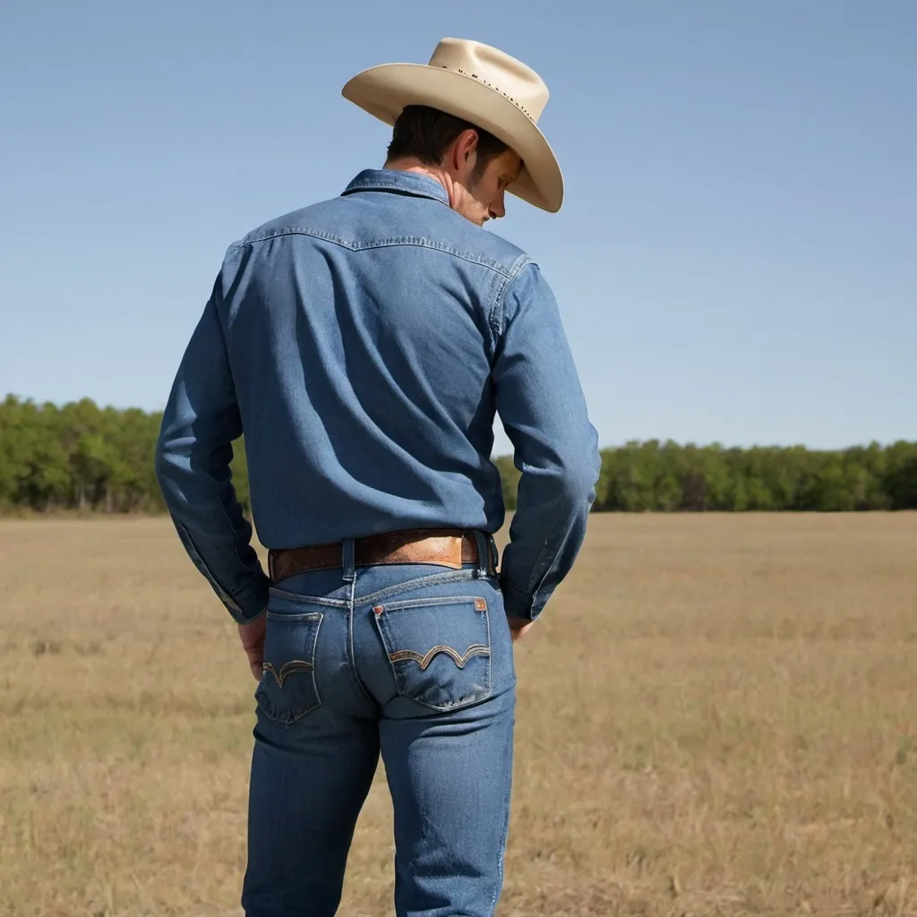 Prompt: A man facing away wearing Wrangler Blue jeans. Country guy