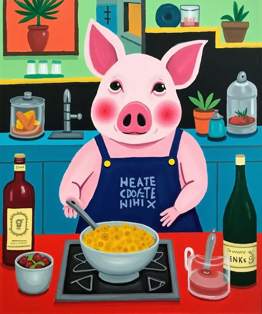 Prompt: A Pig cooking in a kitchen.