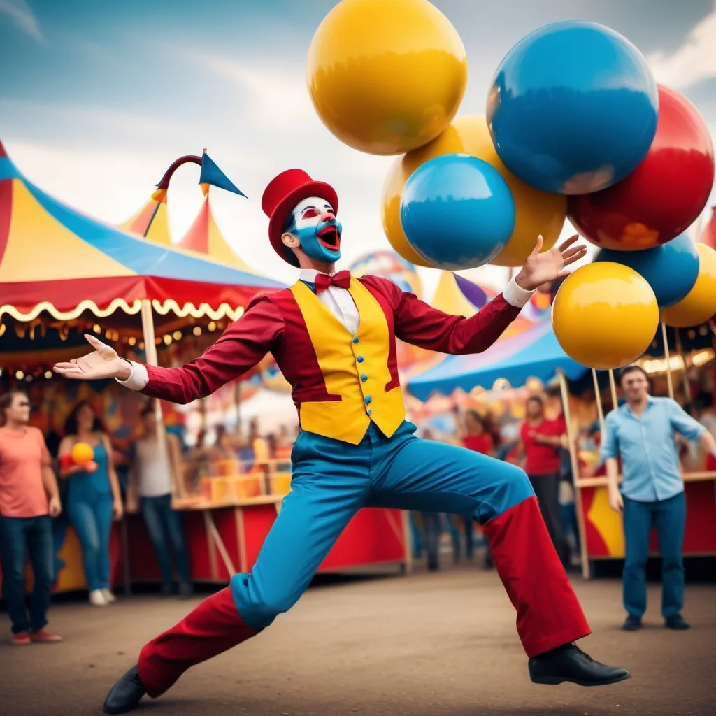 Prompt: Create an image of a juggler at a carnival with triadic colors of red, yellow, and blue colors to create a lively and balanced atmosphere.