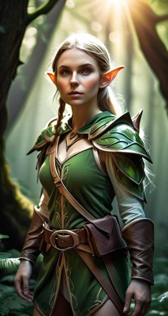 Prompt: Elf ranger in a mystical forest around sunlight