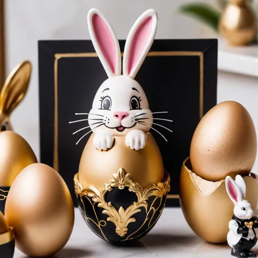 Prompt: A Instagram Easter post for a dr.Vladau dental clinic with gold and black theme, eggs, bunny.
