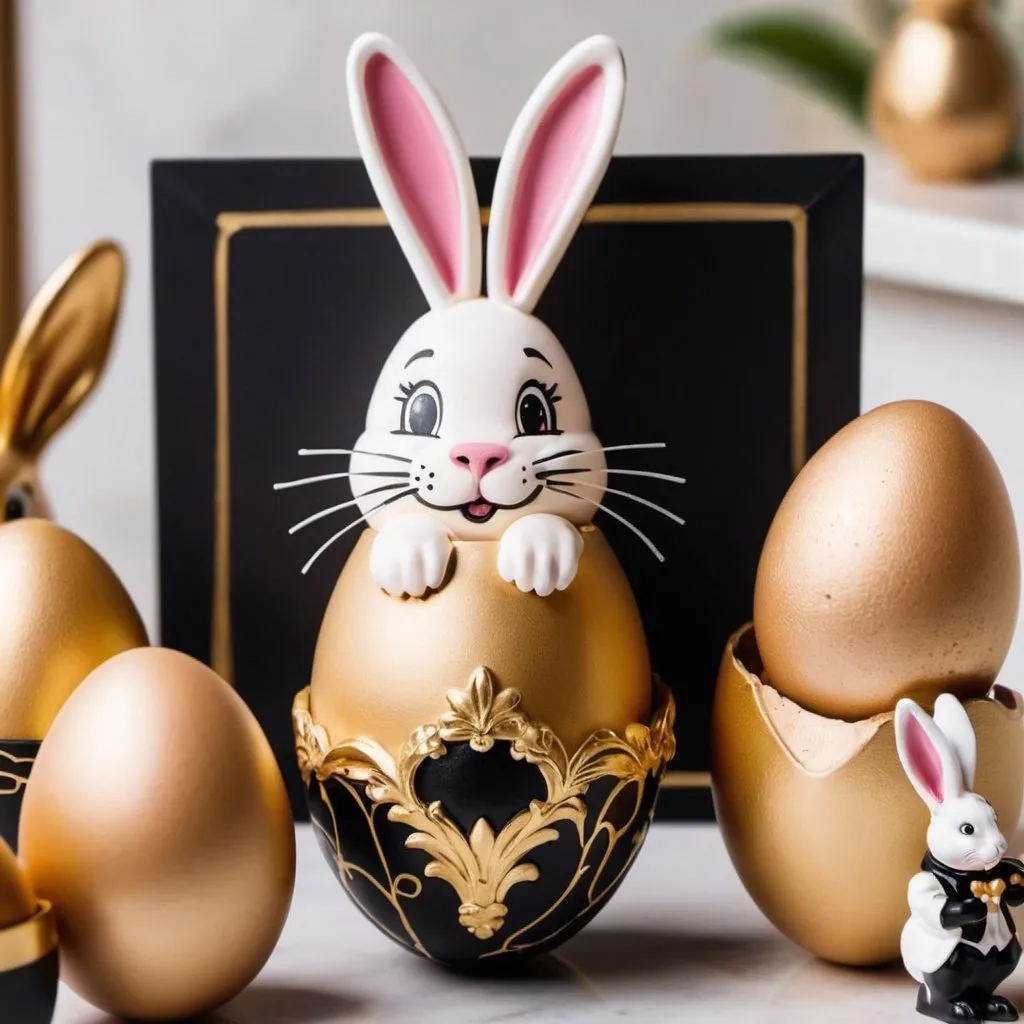 Prompt: A Instagram Easter post for a dr.Vladau dental clinic with gold and black theme, eggs, bunny.
