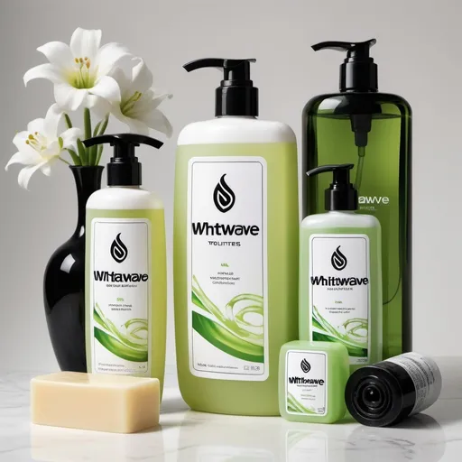 Prompt: A luxurious and extravagant illustration features the massive "WHITEWAVE TOILETRIES " logo, 9000000000D in size, in bold, black , light green and gold letters on a pristine, luxurious white wall. The logo radiates opulence and wealth. Beside the logo,are images of different toiletries such as "perfume, a gallon of liquid soap, bar soap, disinfectant, detergent " displayed . Below the logo is the" deals on oil perfumes, liquid soap, disinfectant, detergent, multipurpose bar soap, etc" correctly spelt and boldly written. there are two ladies on the white shirt and black trouser with black sneaker, washing clothes. A detailed WhatsApp logo "081 426 970 10" is written correctly with a Facebook icon with " Chisom  Genevieve " also written correctly . Include the location logo with the location as: Anambra state.