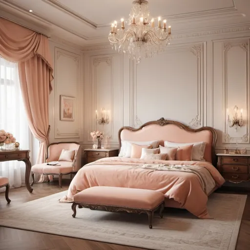 Prompt: C reate a hyper realistic elegant bedroom with classic and feminine decor, featuring the colors white and soft peach .the image shows a beautiful vanity table with branded high-end perfumes.