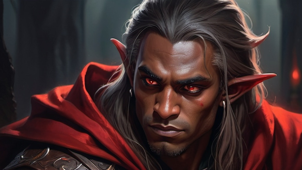 Prompt: a man brown skin demon elf with long hair and a red cape is staring at something in the distance with a red light on, Aleksander Gine, gothic art, official art, a character portrait