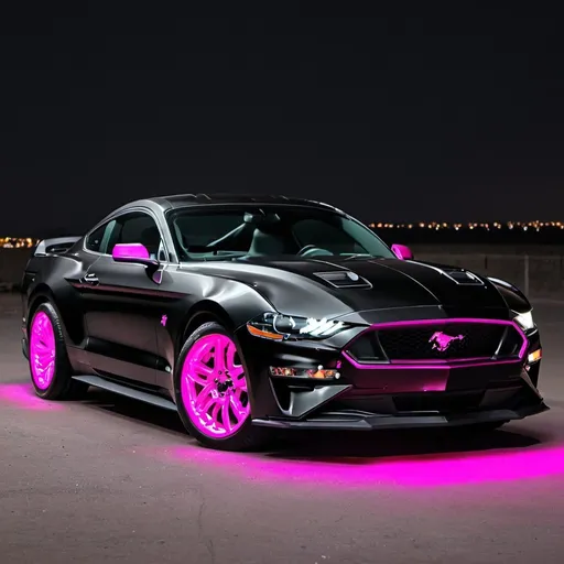 Prompt: black Ford Mustang Gt 2019 with pink lights and pink wheels