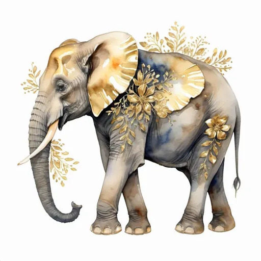 Prompt: Side view watercolor painting of an Elephant with metallic gold flowers growing out of his back