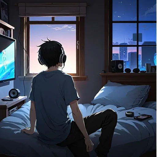 Prompt: an anime guy with headphone in his bedroom