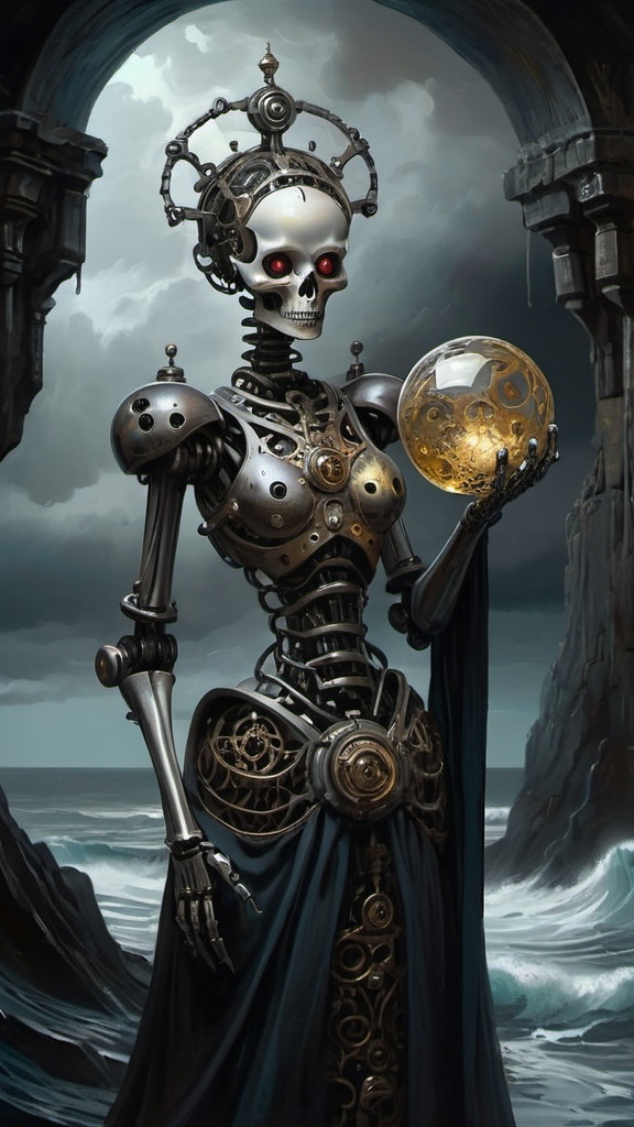 Prompt: robot lich, female, holding clockwork orb in hand , full body, body made of filigree, crypt entrance in a stormy ocean cliff, abstract oil painting, dark and moody