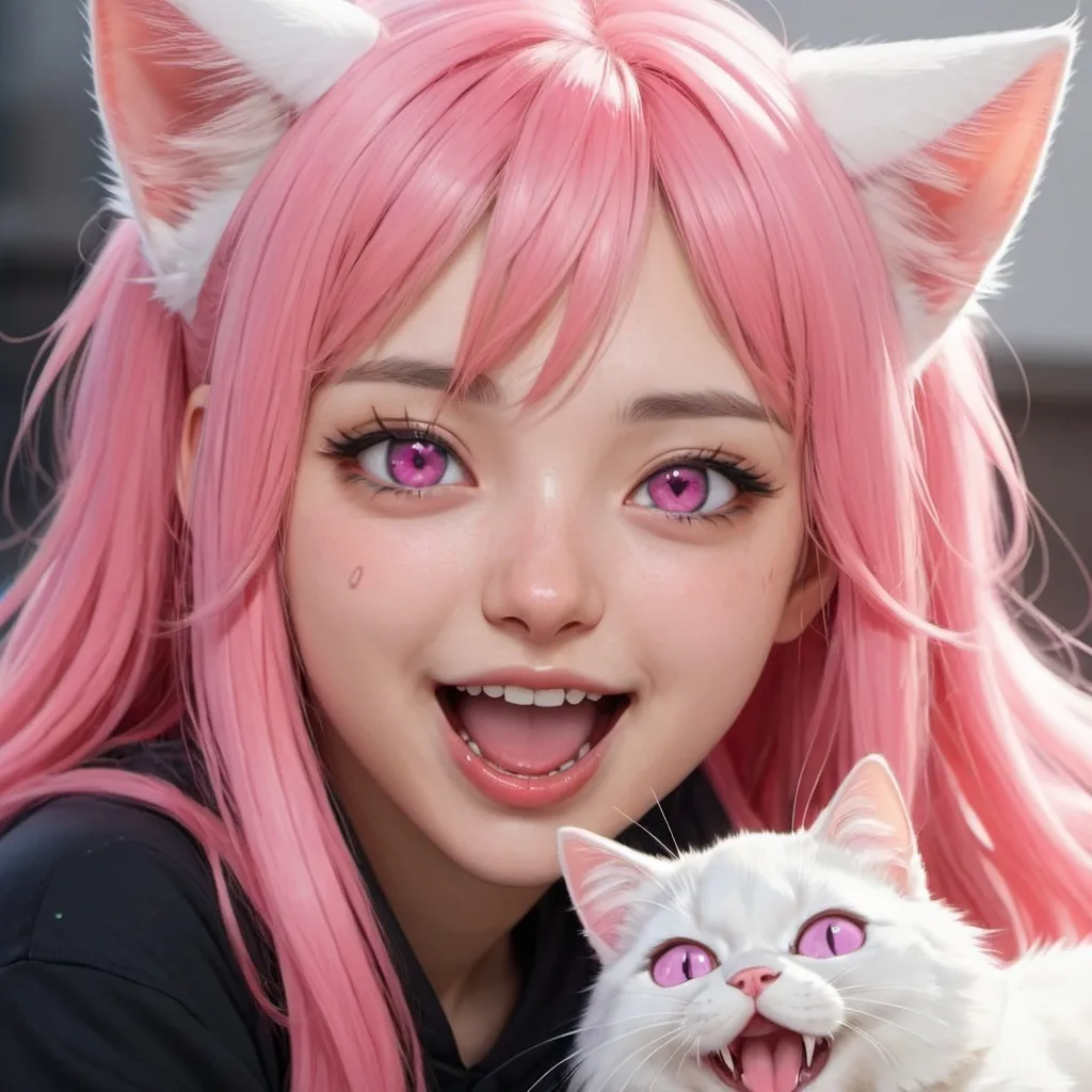 Prompt: women, long pink hair, pink eyes, white cat ears, making happy face, tongue out, eyes crossed, AnimeCat girl，可愛的AnimeCat girl，Realistic anime cat