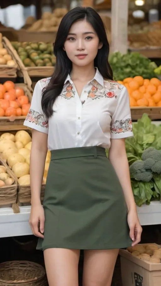 Prompt: Japanese woman, black hair, round faced woman with a curvaceous bosomy figure, shoulder length jet black straight hair, green eyes, PIKADINGNIS Elegant White Short Sleeve Blouse Women Embroidery Lace Chiffon Blouse, tight khaki skirt, brown boots, detailed facial features, standing in an farmers market, daylight, high-res, pro photo