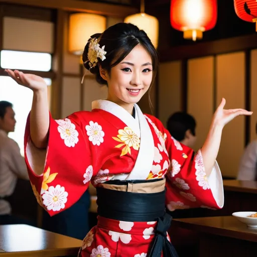 Prompt: Japanese waitress in a kimono. Dancing.