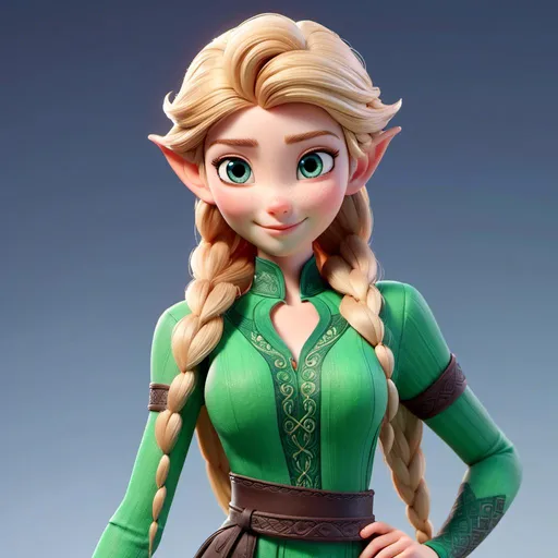 Prompt: <mymodel>Elsa 
Race: Elf
Gender: Female
Height: 5'11"
Weight: 130 lbs
Hair: Long, black, often tied in an elegant braid
Eyes: Bright green, sharp and discerning
Skin: Fair with a faint glow
Clothing: Wears a finely crafted leather tunic and pants, adorned with small, intricate metalwork. Always carries a slender, beautifully forged longsword at her hip.