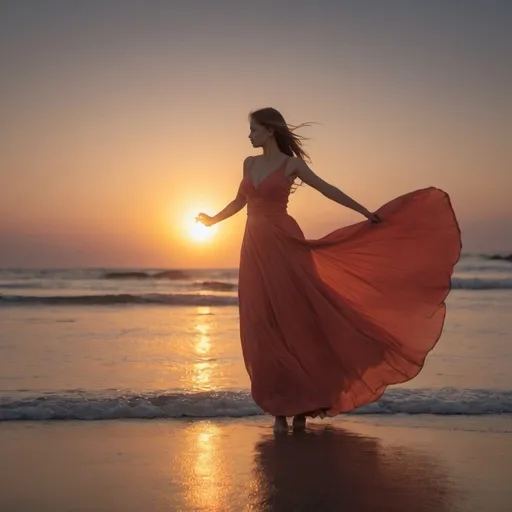 Prompt: She warship to sun, Dancer in motion, with she wearing courful long frock, sun rise captured with long exposure photograpn D850 DSLR camera f/4. ISO 200