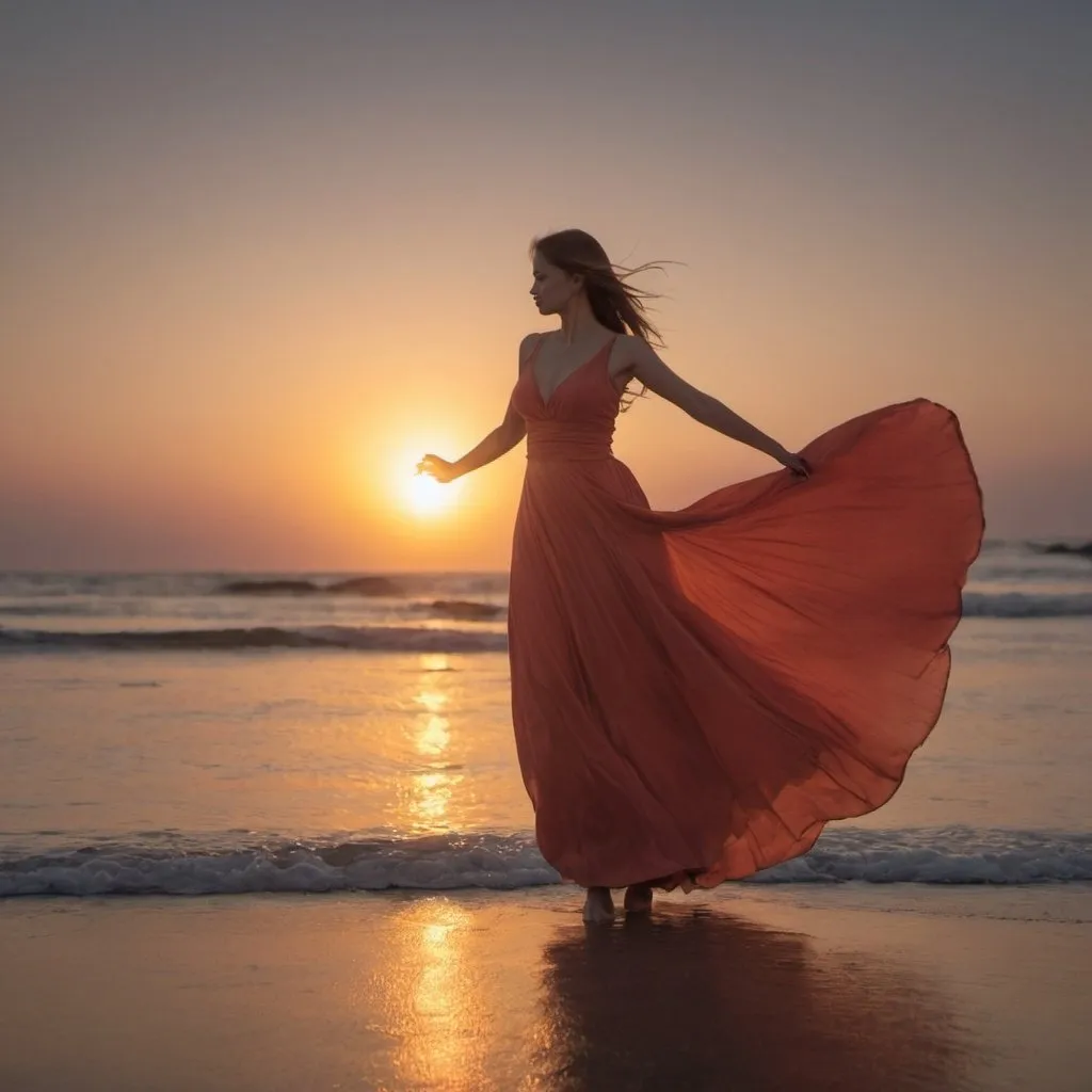 Prompt: She warship to sun, Dancer in motion, with she wearing courful long frock, sun rise captured with long exposure photograpn D850 DSLR camera f/4. ISO 200