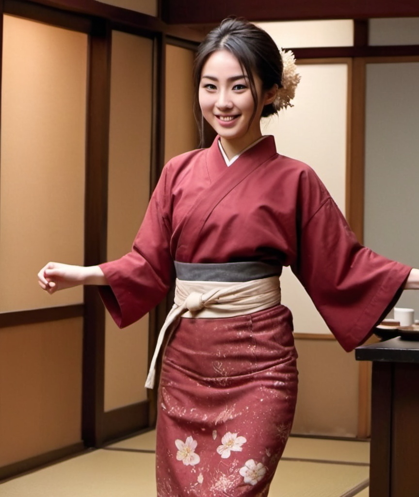 Prompt: 20 year old Japanese waitress in a kimono. dancing, dark red long shirt, maroon top, red apron tied around the waist, rugged color scheme
