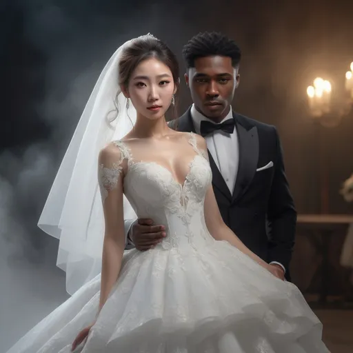 Prompt: Korean woman in white wedding dress next to African American groom in black tuxedo, hyper detailed, ultra realistic, highly detailed, surreal heavy mist, AI defined exquisitely beautiful, totally ultra realistic 30 yr old Korean, gorgeously detailed facial features, sumptuous cleavage, perfect body proportions, ultra pale, ultra glamorous bride, walking in a swirling fog, full wedding dress

Perfect studio lighting, perfect shading, impeccable contrast, HDR, UHD, high res, 64k, cinematic lighting, special effects, hd octaneArtgerm, WLOP, dynamic studio quality lighting hyper-detailed, intricately detailed, Splash art, trending on Artstation, triadic colors, Unreal Engine 5 volumetric lighting, unreal engine, octane render.