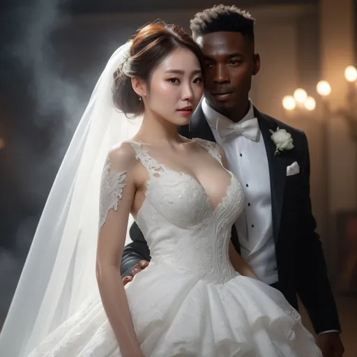 Prompt: Korean woman in white wedding dress next to African American groom in black tuxedo, hyper detailed, ultra realistic, highly detailed, surreal heavy mist, AI defined exquisitely beautiful, totally ultra realistic 30 yr old Korean, gorgeously detailed facial features, sumptuous cleavage, perfect body proportions, ultra pale, ultra glamorous bride, walking in a swirling fog, full wedding dress

Perfect studio lighting, perfect shading, impeccable contrast, HDR, UHD, high res, 64k, cinematic lighting, special effects, hd octaneArtgerm, WLOP, dynamic studio quality lighting hyper-detailed, intricately detailed, Splash art, trending on Artstation, triadic colors, Unreal Engine 5 volumetric lighting, unreal engine, octane render.