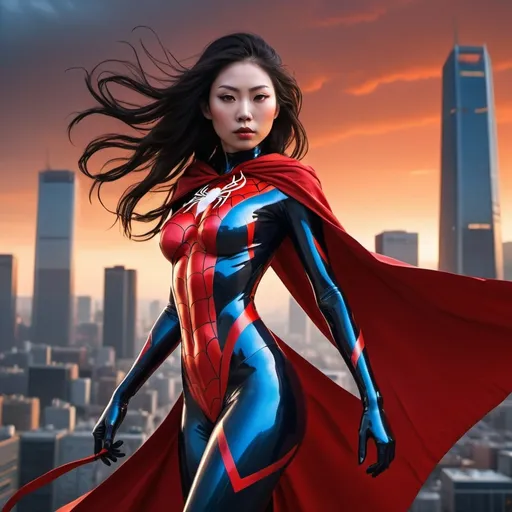 Prompt: Create a highly detailed and dynamic image of Japanese spider woman. She should be depicted as a strong and confident superhero, soaring through the sky above a modern cityscape at sunset. Her costume is sleek and futuristic, with a vibrant blue and red color scheme, complete with a flowing red cape and an emblem resembling a stylized 'S' on her chest. Her hair is long, flowing, and dark black, billowing in the wind. The background should feature a stunning skyline with skyscrapers, bathed in the warm hues of the setting sun. The overall mood of the image should be empowering and heroic