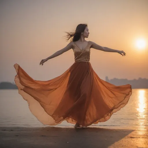 Prompt: Asian woman, warship to sun, Dancer in motion, with she wearing courful long frock, sun rise captured with long exposure photograpn D850 DSLR camera f/4. ISO 200