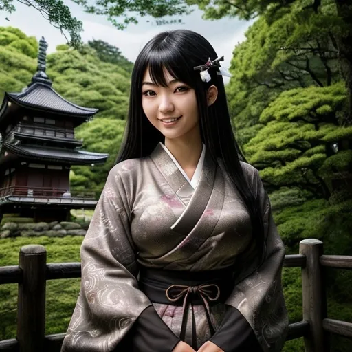 Prompt: Hyper realistic illustration of a curvy Japanese female, 20 year old, bright black hair, cute and friendly smile, brown eyes, standing tall in a mystical Japanese forest, dimples, shy, innocent, angelic aura, medieval Japanese castle in the background, highres, ultra-detailed, fantasy, magical, mystical forest, cute and friendly, detailed eyes, historic Japanese castle, atmospheric lighting.
