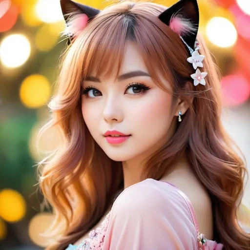 Prompt: A beautiful woman, bokeh
<mymodel>Attractive in Teru Murakami Cat Girl, high quality, detailed hair, cute outfit, vibrant colors, pastel tones, soft lighting, playful expression, alluring eyes, glossy lips, stylish accessories, kawaii, professional