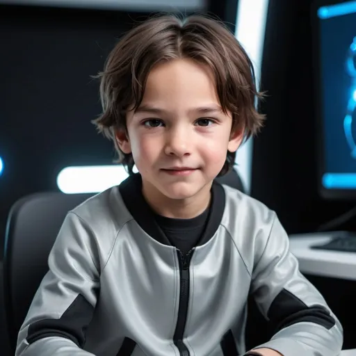 Prompt: A cute boy from the future who looks like Keanu Levi, European and American face appearance, wearing future clothes, sitting in a technology studio, realistic photo, front view, neutral facial expression, smile, medium shot, good and solid lighting